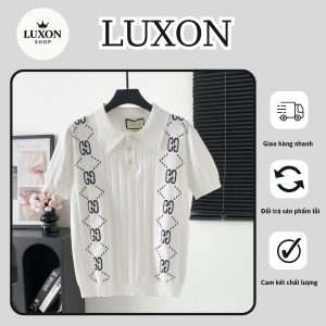 Áo Polo nam, áo Polo len cho nam giới thiết kế chữ GG ngược dọc hai bên Brand GC