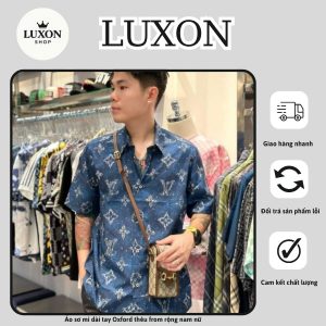 Áo sơ mi cộc tay họa tiết Louis Vuitton xanh navy